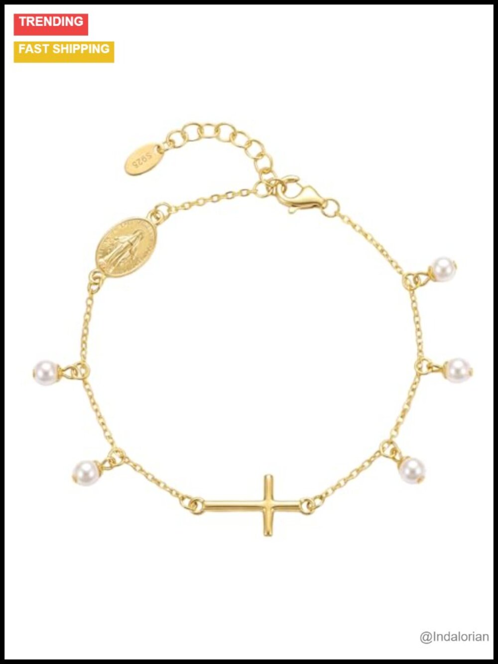 Sterling Silver 18K Gold Plated Cross & Miraculous Medal Bracelet Adjustable
